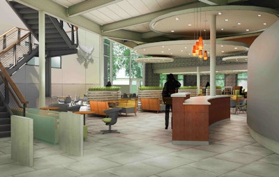 This rendering shows the new kitchen and cafeteria area in the new facility. Photo: Bobcat