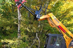An Edge high-reach clipper attachment is fixed to a Mustang skid steer, another brand in the Manitou Americas family. Photo: Manitou Americas