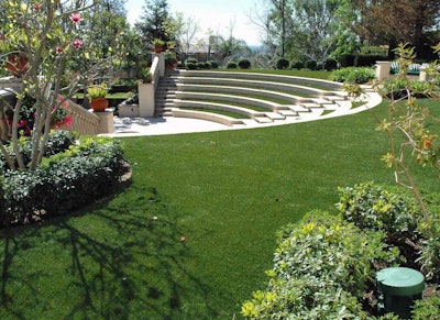A small amphitheater project featuring artificial grass from Dallas-based Everlast Turf. Everlast is one of two brands of artificial turf distributed by Synthetic Grass Warehouse. Photo: Everlast Turf
