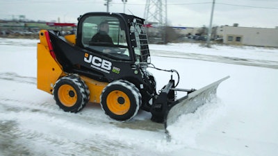 JCB touts the power of the 280 to handle big snow-removal jobs while also pointing to the exceptional visibility the design provides to operators. Photo: JCB
