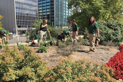 Volunteers from Knox County Career Center Landscape Design and Management Program, work on the pollinator garden with supervision from Karen Wise, KOB vice president and business leader for Davey Resource Group, a division of The Davey Tree Expert Company. Photo: Keep Ohio Beautiful