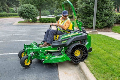 John Deere declares that the Michelin X Tweel Turf, a tire that never needs air yet boasts three times the wear life of a pneumatic tire, represents the “next revolution” in commercial mowing. Photo: John Deere