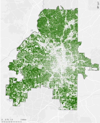 North Buckhead has the densest canopy while the least dense tree canopy, at 8 percent, is the area spanning downtown Atlanta, Castleberry Hill, Old Fourth Ward, and Sweet Auburn. Photo: “Assessing Urban Tree Canopy in the city of Atlanta”