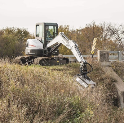 Safety features on the flail mower attachment help deflect and contain debris, according to the manufacturer. Photo: Bobcat