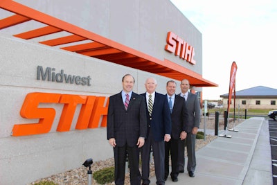 Stihl executives pose outside the company’s new Midwest distribution facility in Wisconsin. Photo: Stihl