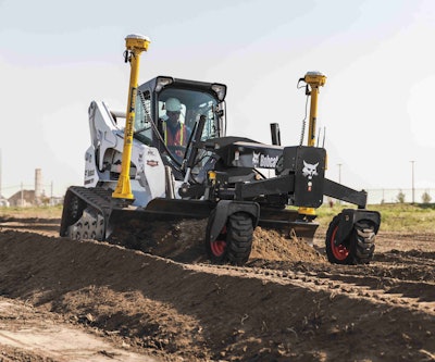 With the dual GNSS configuration shown here, the operator sees the exact position of the equipment, a highly accurate cross slope and the heading of the blade. Photo: Bobcat Co.