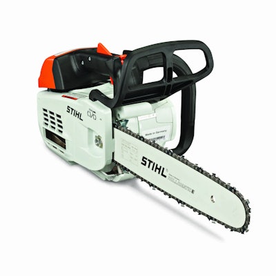 Stihl says the engine’s efficiency not only reduces emissions but also cuts down the frequency with which arborists have to come down from a tree for refueling. Photo: Stihl