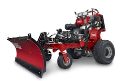 Toro’s GrandStand ‘Multi Force’ is shown here with a Boss snow-plow attachment. Photo: Toro