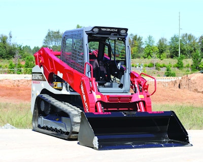 Takeuchi-US says the cab of the new TL12V2 is larger than earlier models’ and features an overhead-door design for improved entry and egress. Photo: Takeuchi-US