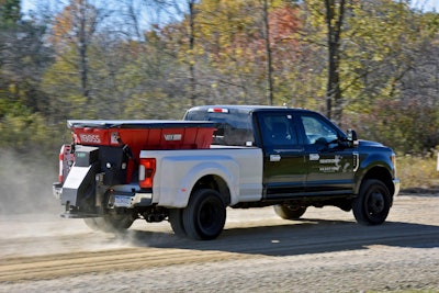 Landscape contractors will be glad to know a spreader was among several pieces of equipment used to test the pickup’s toughness. Photo: Ford