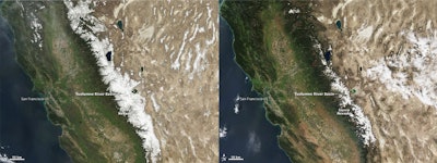 This comparison of the Sierra Nevada snowpack from March 27, 2010 (left) to March 29, 2015 (right) shows just how much the snowpack has diminished during the drought. Photo: earthobservatory.nasa.gov