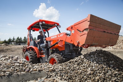 Both the L47 (seen here) and the M62 can perform front loading, rear excavating and other implement tasks. Photo: Kubota Tractor Corp.