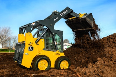 Deere says the 314G vertical-lift skid steer loader provides excellent all-around visibility. Photo: John Deere