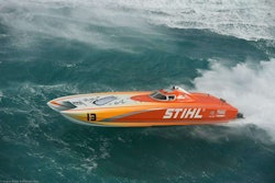 “I love being a part of the offshore racing community,” says Bob Noble Jr., driver of the Stihl super-boat catamaran. “The camaraderie shown by everyone in the sport, win or lose, is what makes it such an enjoyable and rewarding activity.” Photo: Stihl