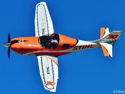 The Stihl race plane, “One Moment,” is piloted by Andrew Findlay, an engineer at Stihl Inc. (Click to enlarge.) Photo: Stihl