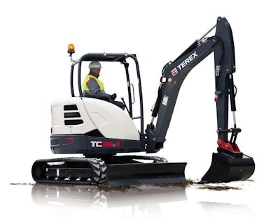 Terex says this TC35R-2 model incorporates a short-tail design, allowing for excavation adjacent to walls and other obstacles. Photo: Terex Corp.