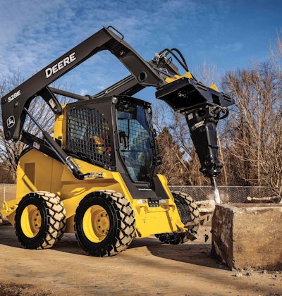 While optimized to work with John Deere equipment, the company’s new hydraulic hammer attachments are also compatible with most competitors’ machines. Photo: John Deere