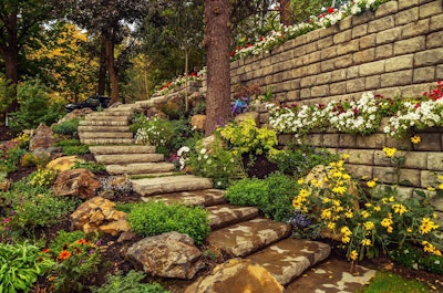 Redi-Rock can be used in both residential and commercial applications where there isn’t room for geogrids. Photo: Redi-Rock