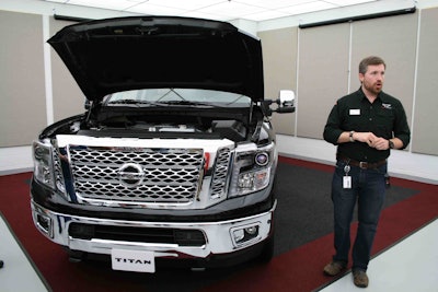 Brent Hagan, product manager for Nissan North America, talks to reporters about the recent availability of the 5.6-liter Endurance gas V8 for the Titan XD. Photo: Nissan