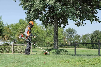 Efco says line can be reloaded in about 30 seconds, and the machine comes with a professional harness and four-tooth steel blade. Photo: Efco