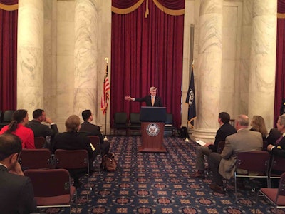 U.S. Sen. Bill Cassidy, R-Louisiana, a supporter of the H-2B program, talks with a group participating in this week’s lobbying effort at the Capitol. Photo: NALP