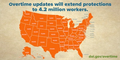 This map shows the Labor Department’s estimate of how many workers in each state are likely to be affected by the new overtime rule, which goes into effect Dec. 1. Graphic: U.S. Department of Labor