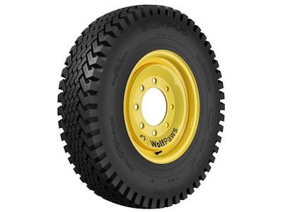 With the new version of SnowWolf’s WolfPaws, significantly less rubber comes in contact with the surface compared with other skid-steer snow tires. Where snow and ice are concerned, less contact with the surface means greater traction, SnowWolf says. Photo: SnowWolf