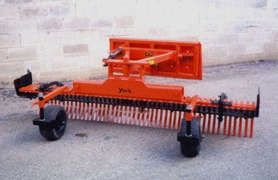 The Model SSF landscape rake can be equipped with optional caster wheels, grader blade, end boots and hydraulic angle, the manufacturer says. Photo: York Rakes