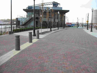 The Flats East Bank development in Cleveland used clay pavers to match the feeling of the district’s old brick streets. Photo: Pine Hall Brick