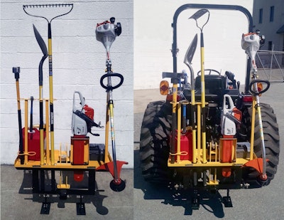 The new “CarryCat” tool carrier from Earth & Turf Products is designed to fit three-point hitches of compact tractors. Photo: Earth & Turf Products