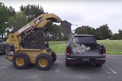 Not to be forgotten as Chevrolet and Ford fight it out on social media, Honda rented a skid steer to dump 800 pounds of rough-cut concrete blocks onto the bed of a Ridgeline pickup. Photo: Honda