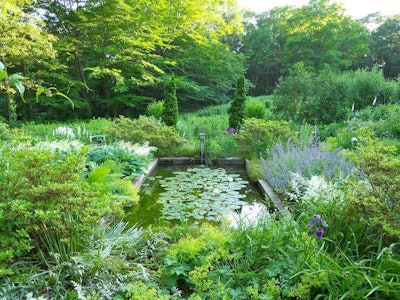 Grossman’s Blue and White Garden features a lily pond in the center. Photo: Andrew Grossman Landscape Design