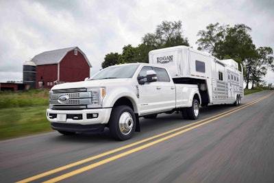 All-new 2017 Ford F-450 Super Duty Platinum Crew Cab 4Ă—4 Class 3 dual-rear-wheel pickup is the top-of-the-line luxury model and tow boss of the lineup. It can pull heavier gooseneck and fifth-wheel trailers than ever.