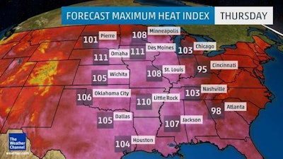 The heat index forecast for Thursday. Photo: The Weather Channel