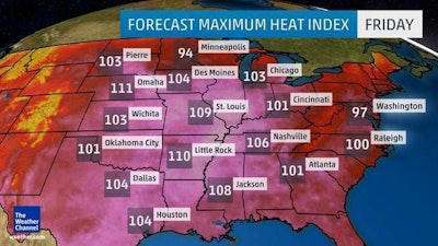 The heat index forecast for Friday. Photo: The Weather Channel