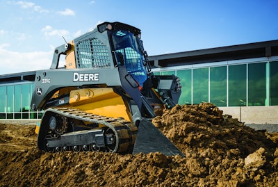 Deere’s “Quik-Tatch” system enables a switch from bucket to forks, among numerous other attachments, within seconds. Photo: John Deere