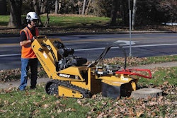 The stump cutter shown here is one of several landscaping and snow removal attachments for the RM27. Photo: Rayco