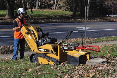 The stump cutter shown here is one of several landscaping and snow removal attachments for the RM27. Photo: Rayco