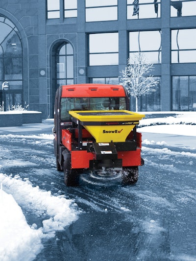 The polyethylene hopper resists corrosion while lessening the weight added to the UTV. Photo: SnowEx