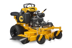 With a fold-away seat, the new compact mower is equipped for both stand-on and seated operation. Photo: Wright Manufacturing