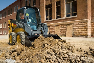 The new John Deere grading-heel bucket is attached here to a 316GR, one of the manufacturer’s small-frame G-Series skid steers. It also fits Deere’s 317G compact track loader, along with many competitors’ machines. Photo: John Deere