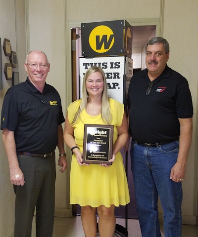 Pictured from left, Wright Manufacturing’s vice president of sales, Hal White; Smith Distributing General Manager Kandis Caldwell; and the distribution company’s president, Glenn Smith.