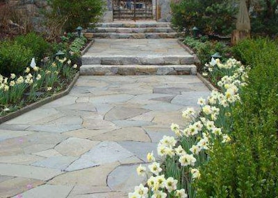 Stone paving set in a random pattern makes a great garden walk. Here it is bordered by low bluestone edging. Design and installation by Jan Johnsen, Johnsen Landscapes & Pools.