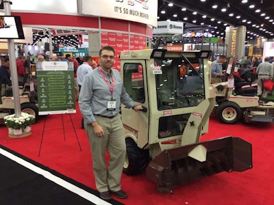 Mike Simmon of Grasshopper talks at GIE+EXPO about the company’s winter enclosures for power units equipped for snow-blowing duty, including Grasshopper’s ‘FrontMount’ zero-turn mowers. Photo: David Rountree