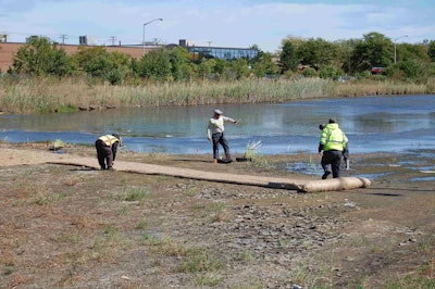 Employees with Semper Fi install wetland plugs by a pond as part of their Illinois Tollway work. Photo: Jill Odom/Total Landscape Care