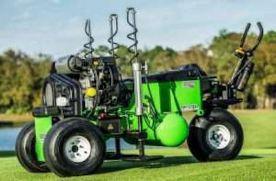 The Air2G2 Aerifier is self-propelled and uses three probes to inject pressurized air at 7 inches and 12 inches beneath the surface of the soil. Photo: GT AirInject