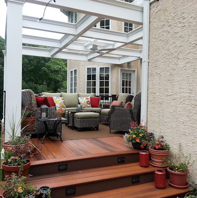 DuraLife Decking & Railing Systems’ Siesta decking is shown here in the company’s ‘Brazilian Cherry’ color. Photo: DuraLife Decking & Railing Systems