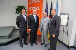 Pictured, from left, are Sen. Bill DeSteph, STIHL Inc. Board Chairman Fred Whyte, Honorary Chairman of STIHL Holding AG & Co. KG Advisory Board Hans Peter Stihl and STIHL Inc. President Bjoern Fischer. Photo: STIHL