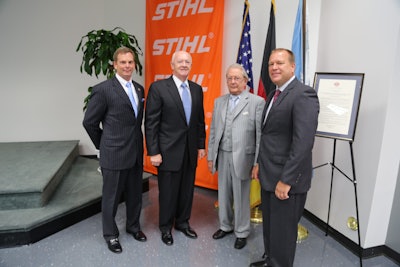 Pictured, from left, are Sen. Bill DeSteph, STIHL Inc. Board Chairman Fred Whyte, Honorary Chairman of STIHL Holding AG & Co. KG Advisory Board Hans Peter Stihl and STIHL Inc. President Bjoern Fischer. Photo: STIHL