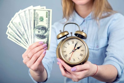 Woman with money and a time clock